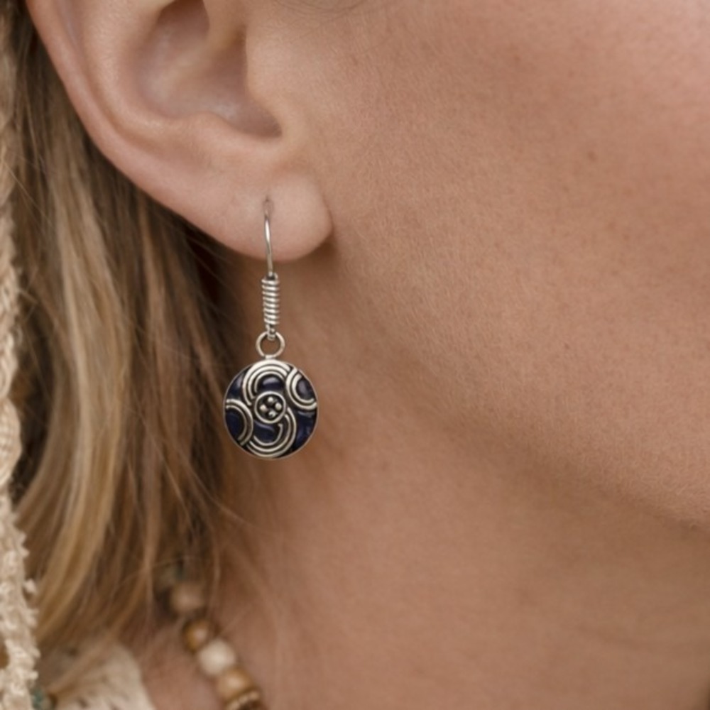 Tibetan Handmade Dangle Earrings‎ Lapis Gemstone Earrings #0666